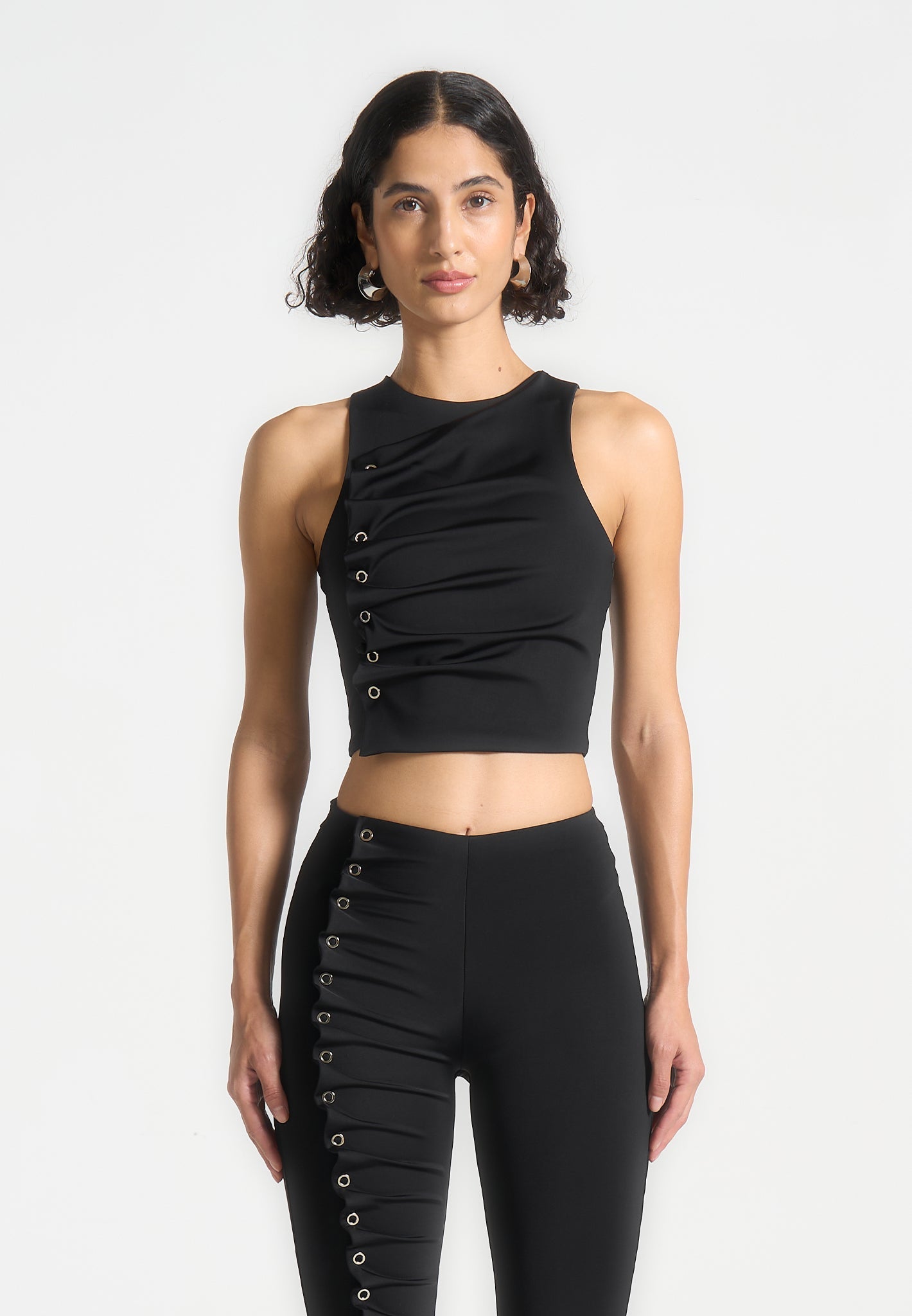 Eyelet Detail Tacked Racer Top  - Black