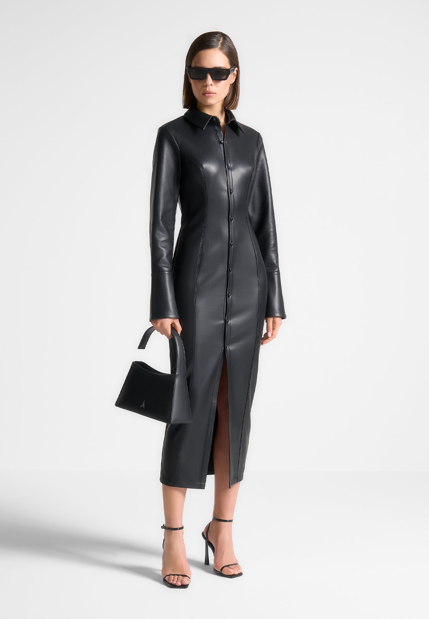 Leather Midaxi Shirt Dress - Black