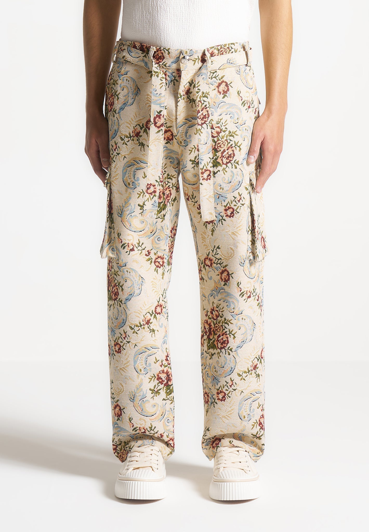 Jacquard Cargo Trousers - Beige