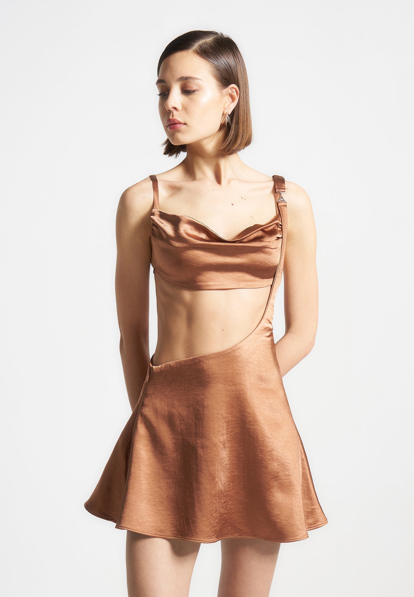 Satin Bralette Fluted Mini Dress - Bronze