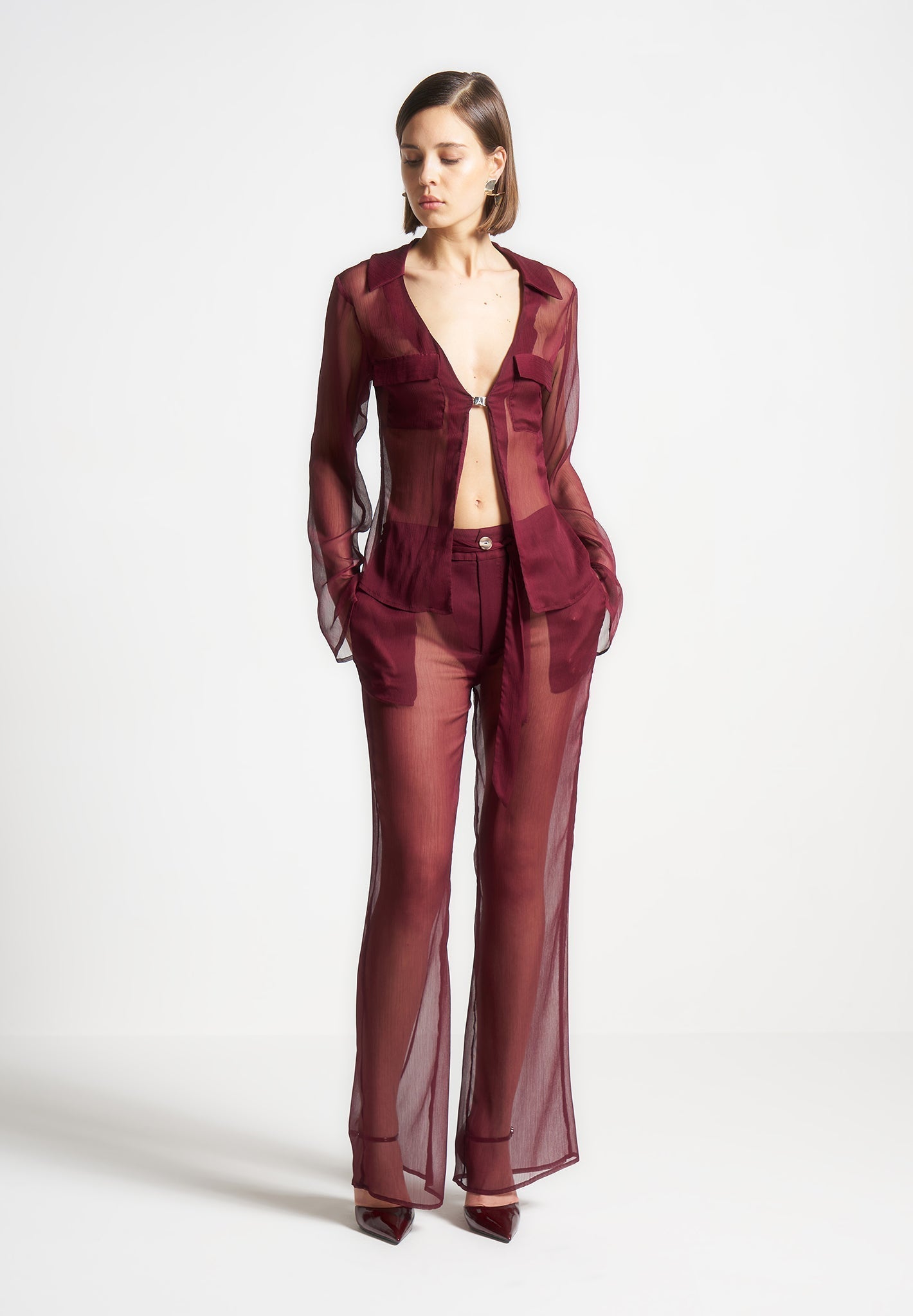 Sheer Belted Trousers - Wine Red
